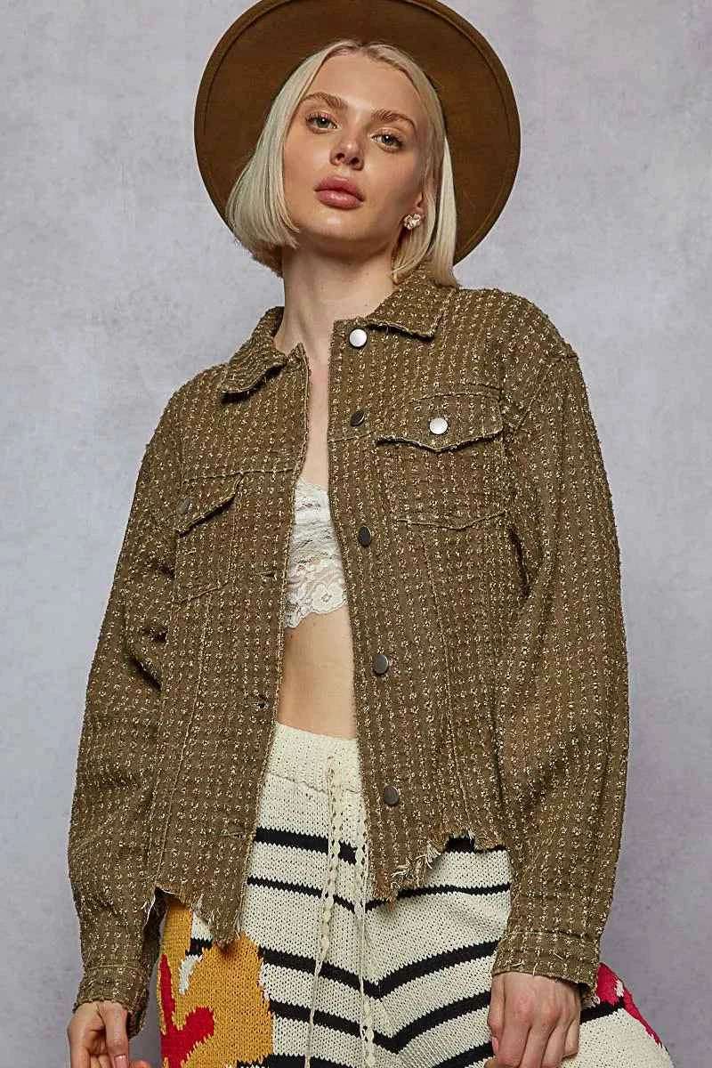 POL Raw Hem Button Up Utility Jacket with Chest Pockets.