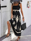 Smocked Printed Wide Strap Maxi Dress.
