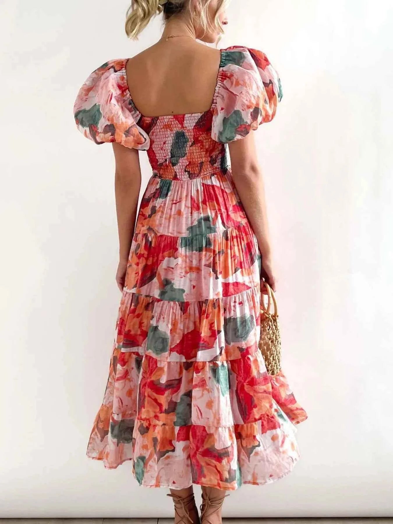 Floral Smocked Puff Sleeve Tiered Dress.