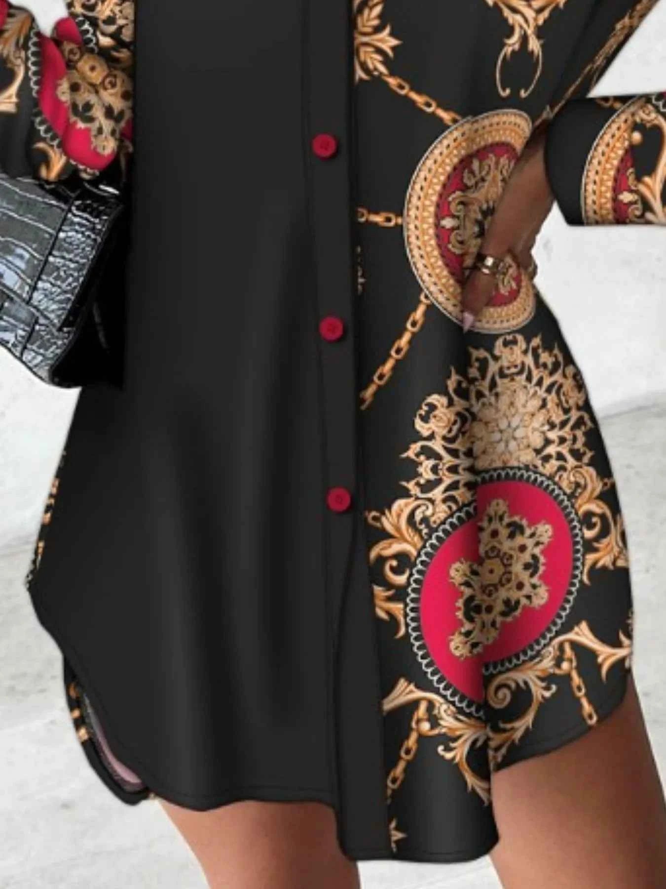 Printed Button Up Long Sleeve Shirt Dress.