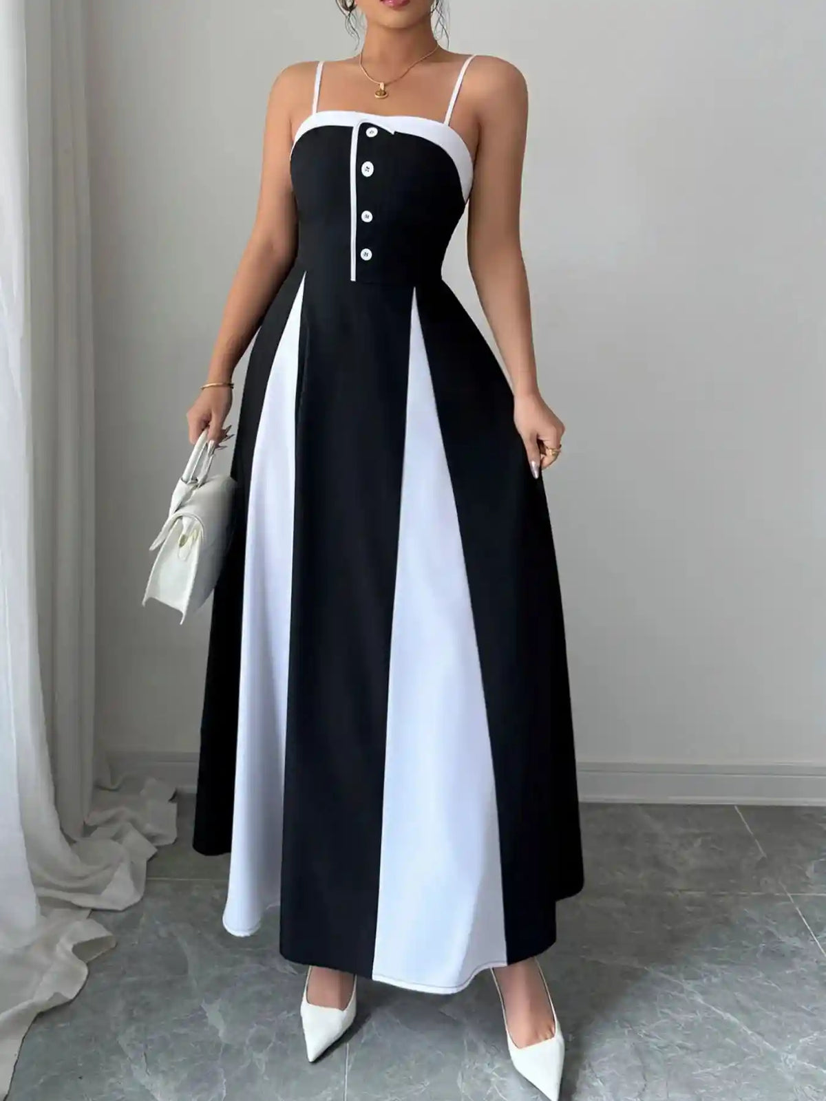 Decorative Button Contrast Maxi Cami Dress.
