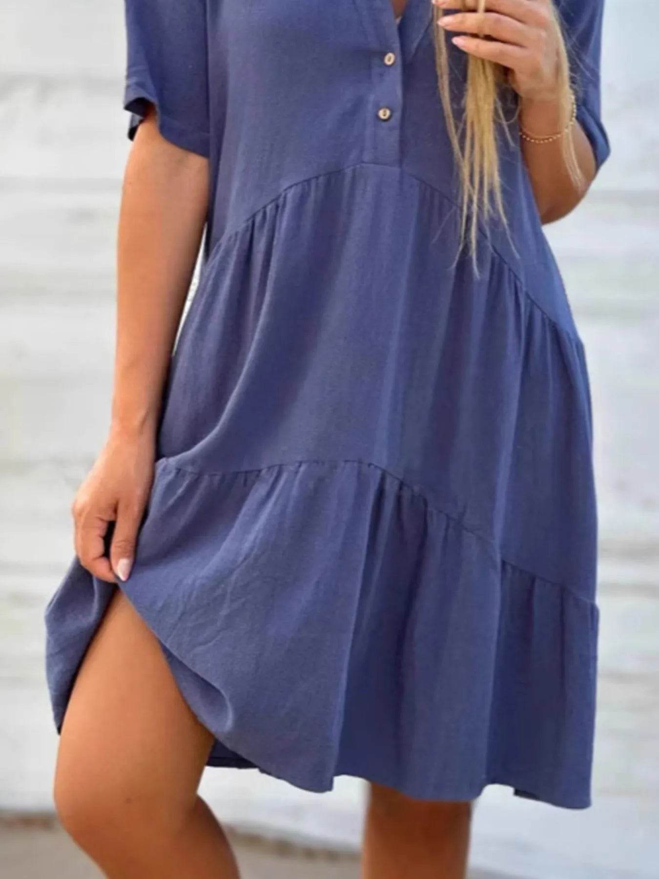 Plus Size Tiered Button-Front Short Sleeve Dress.