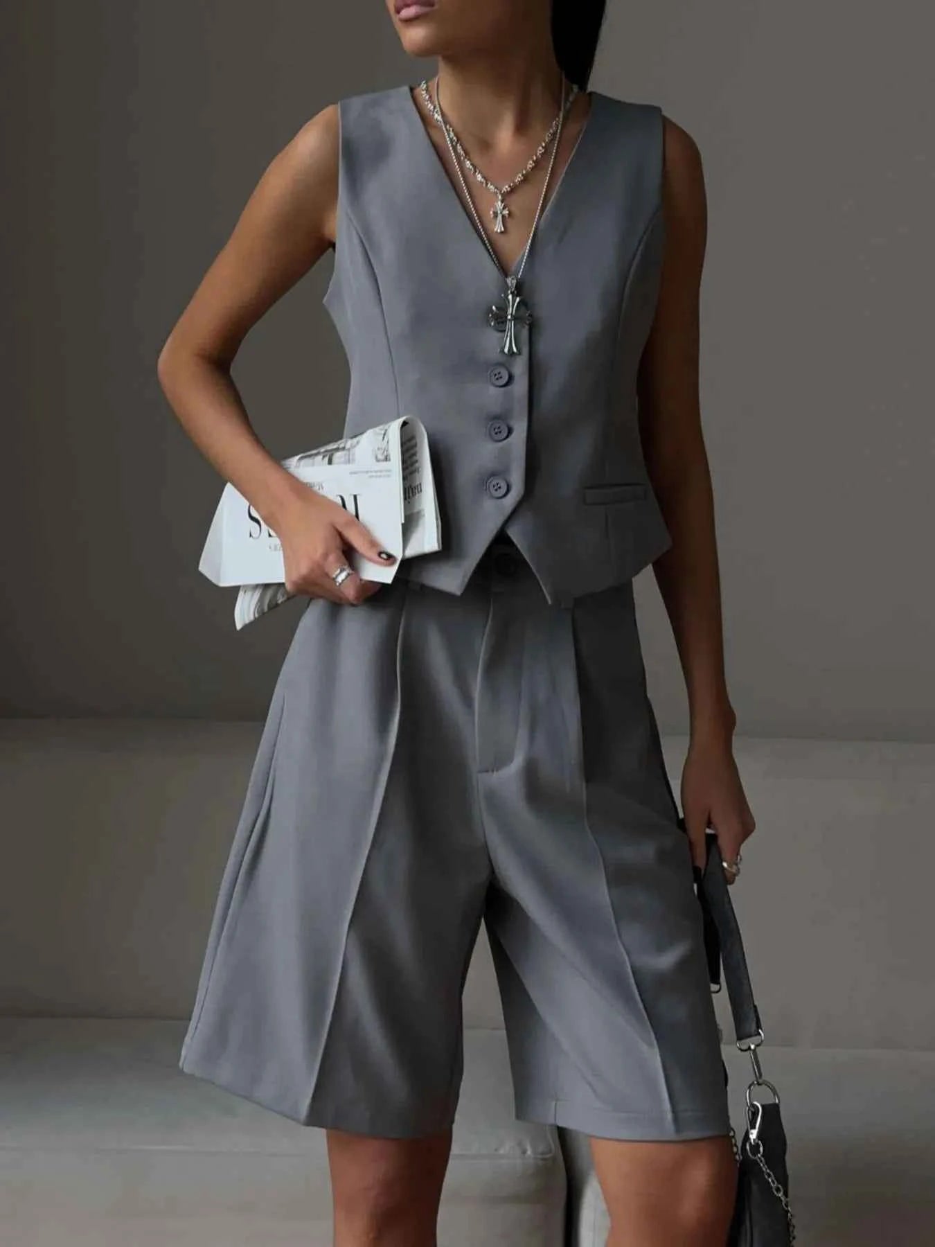 V-Neck Vest and Pants Two-Piece Blazer Set.