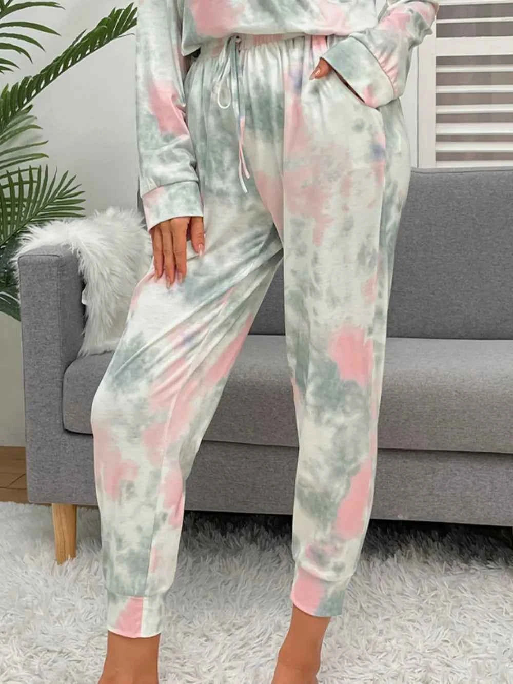 Shiny Tie-Dye Round Neck Top & Drawstring Pants Lounge Set.