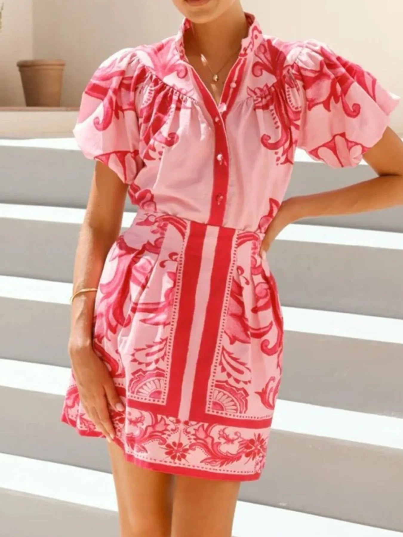 Printed Puff Sleeve Top and Skirt Set.