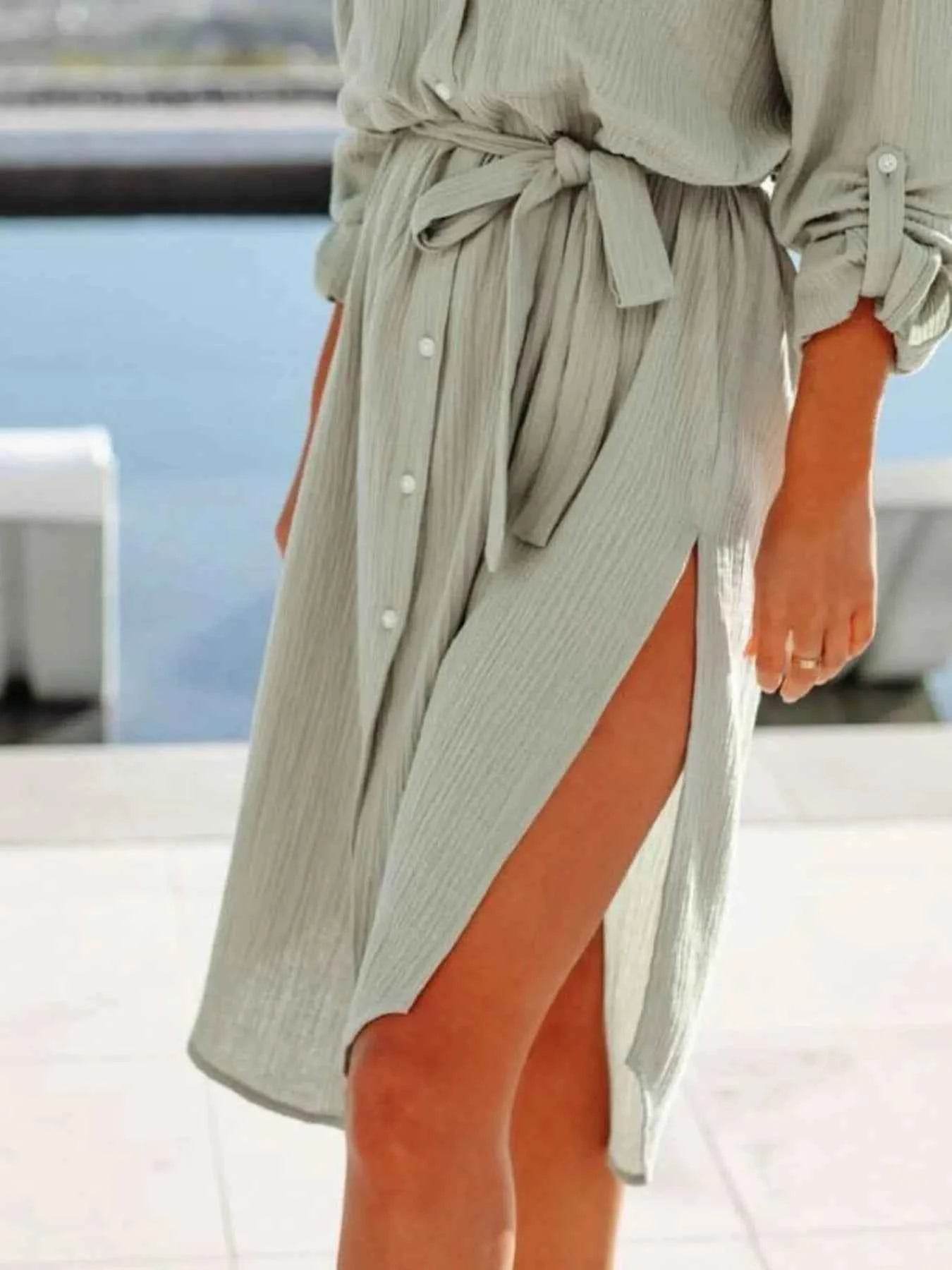 Button Down Tie Waist Shirt Dress.