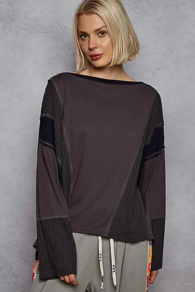 POL Contrast Round Neck Long Sleeve T-Shirt.