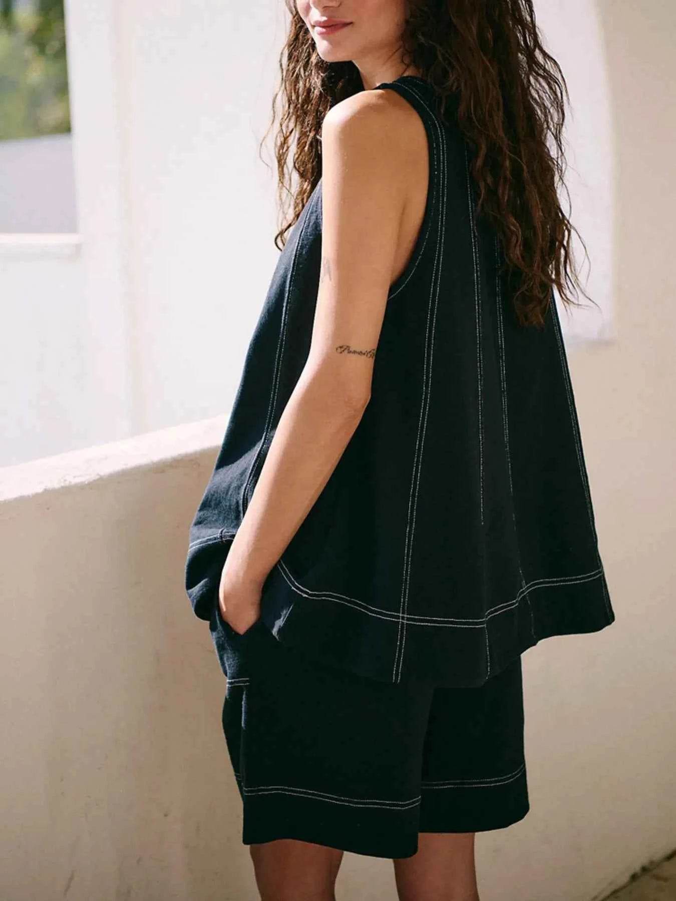 Casual Contrast Stitch Denim Tank Top & Shorts Set - EBYNN