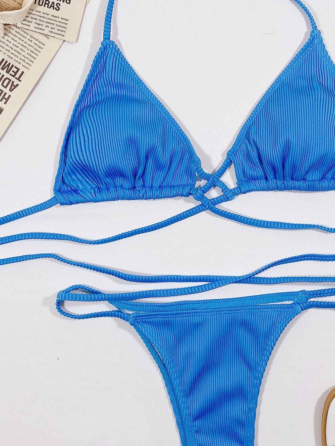 Halter Neck Crisscross Ribbed Bikini Set.