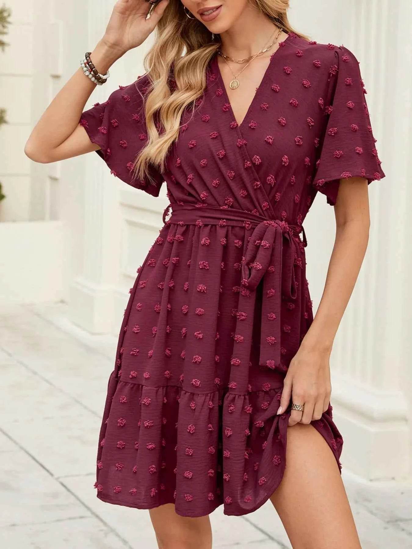 Swiss Dot Flutter Sleeve Wrap Dress.