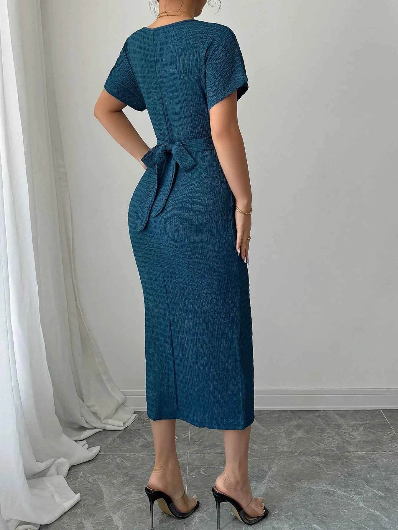 Ruched Waist Textured Midi Dress.