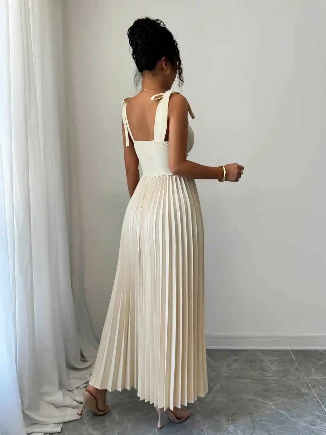 Pleated Tie-Shoulder Maxi Dress.