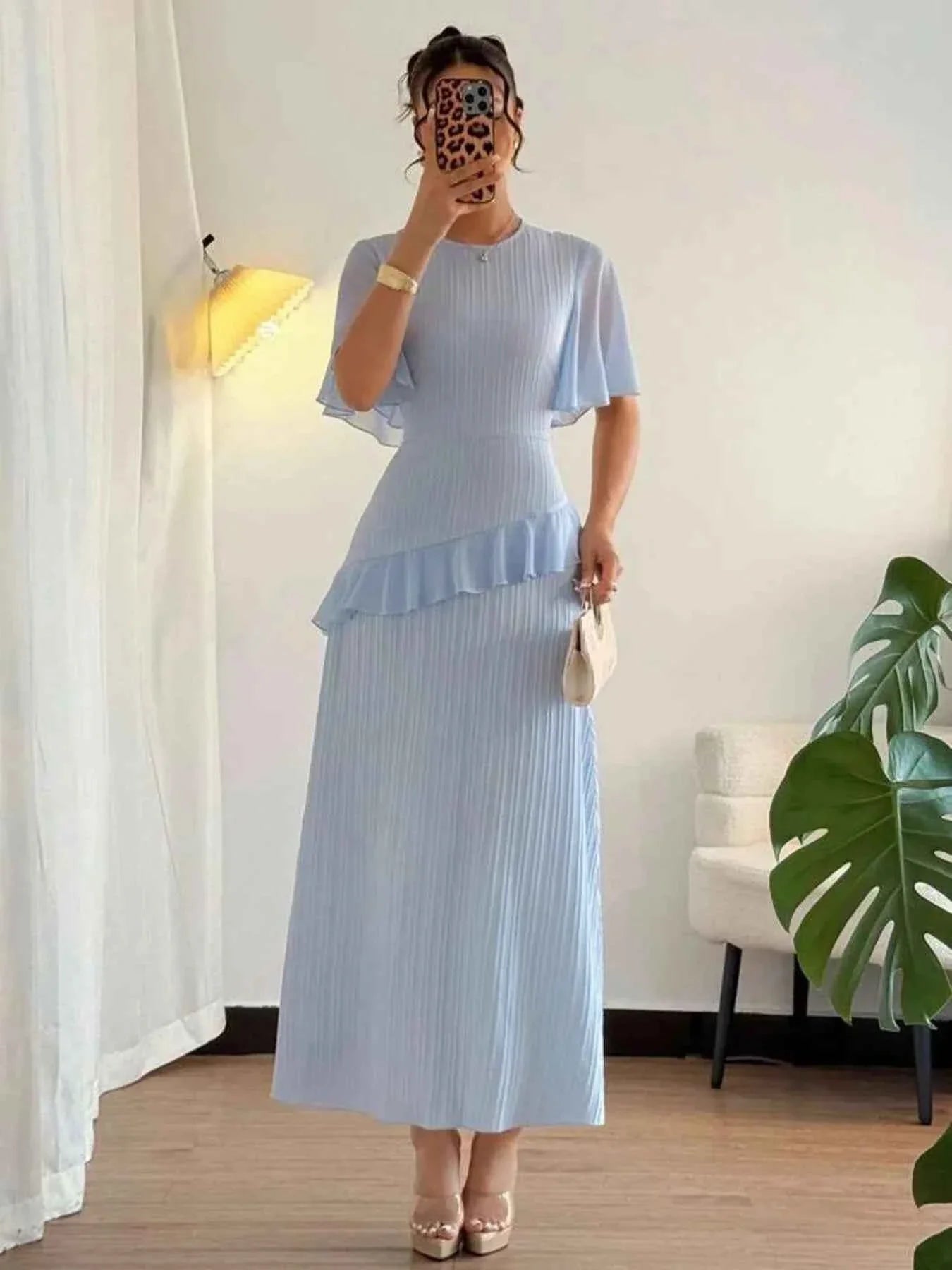 Ruffled Round Neck Flutter Sleeve Dress.