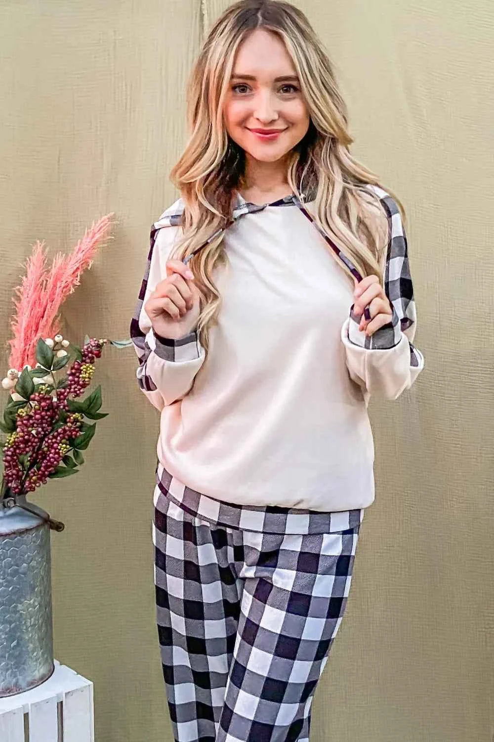 And The Why Drawstring Hooded Top & Plaid Pants Lounge Set.