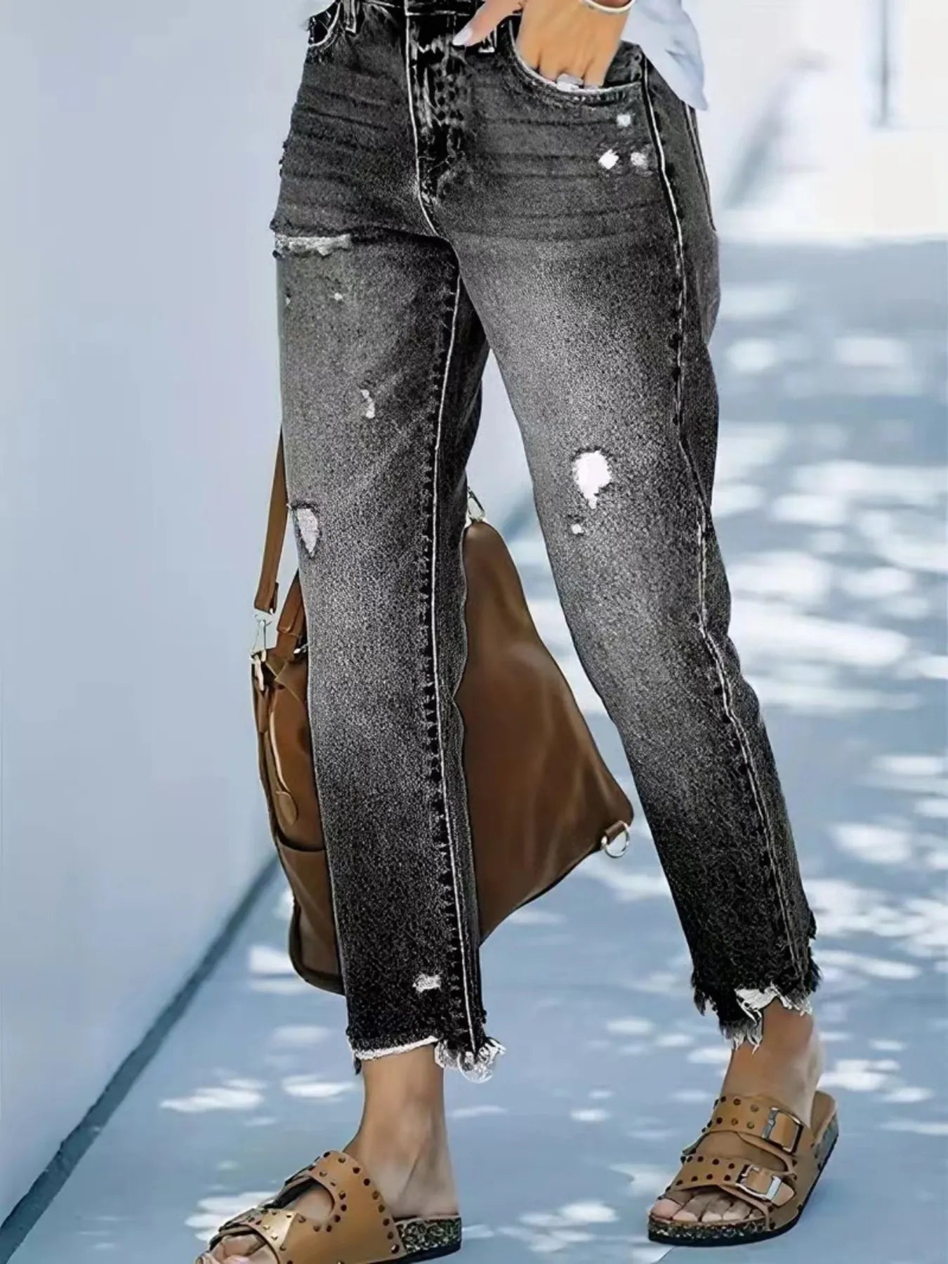 Distressed Straight Leg Jeans.