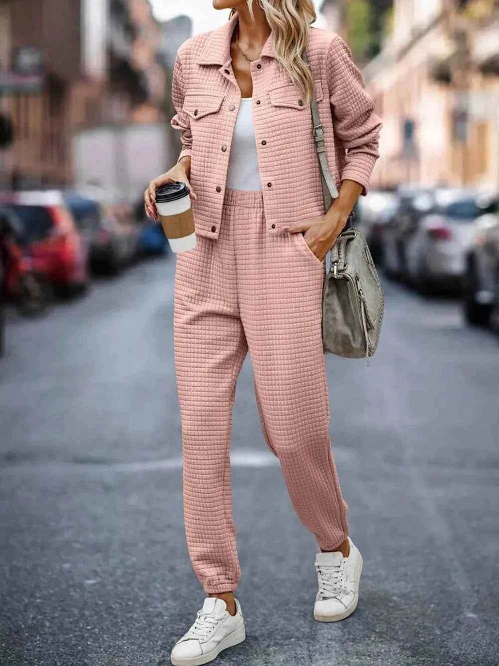 Plaid Texture Snap Down Top and Pants Set.