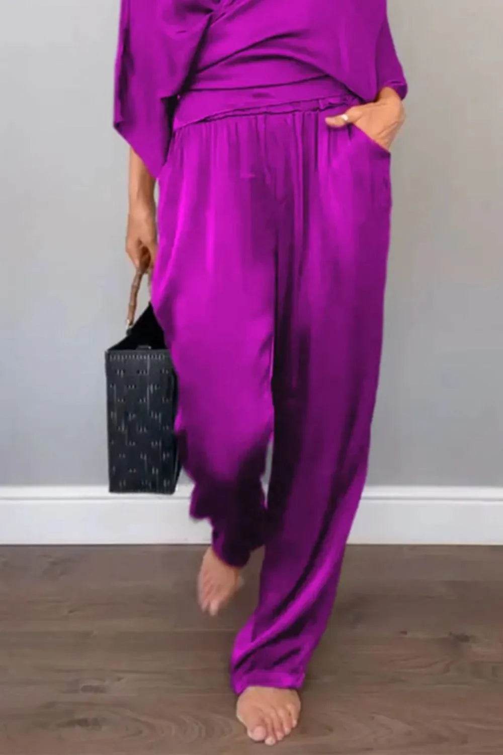 Plus Size Wrap Set - Stylish Surplice Top and Pants for Effortless Elegance - EBYNN