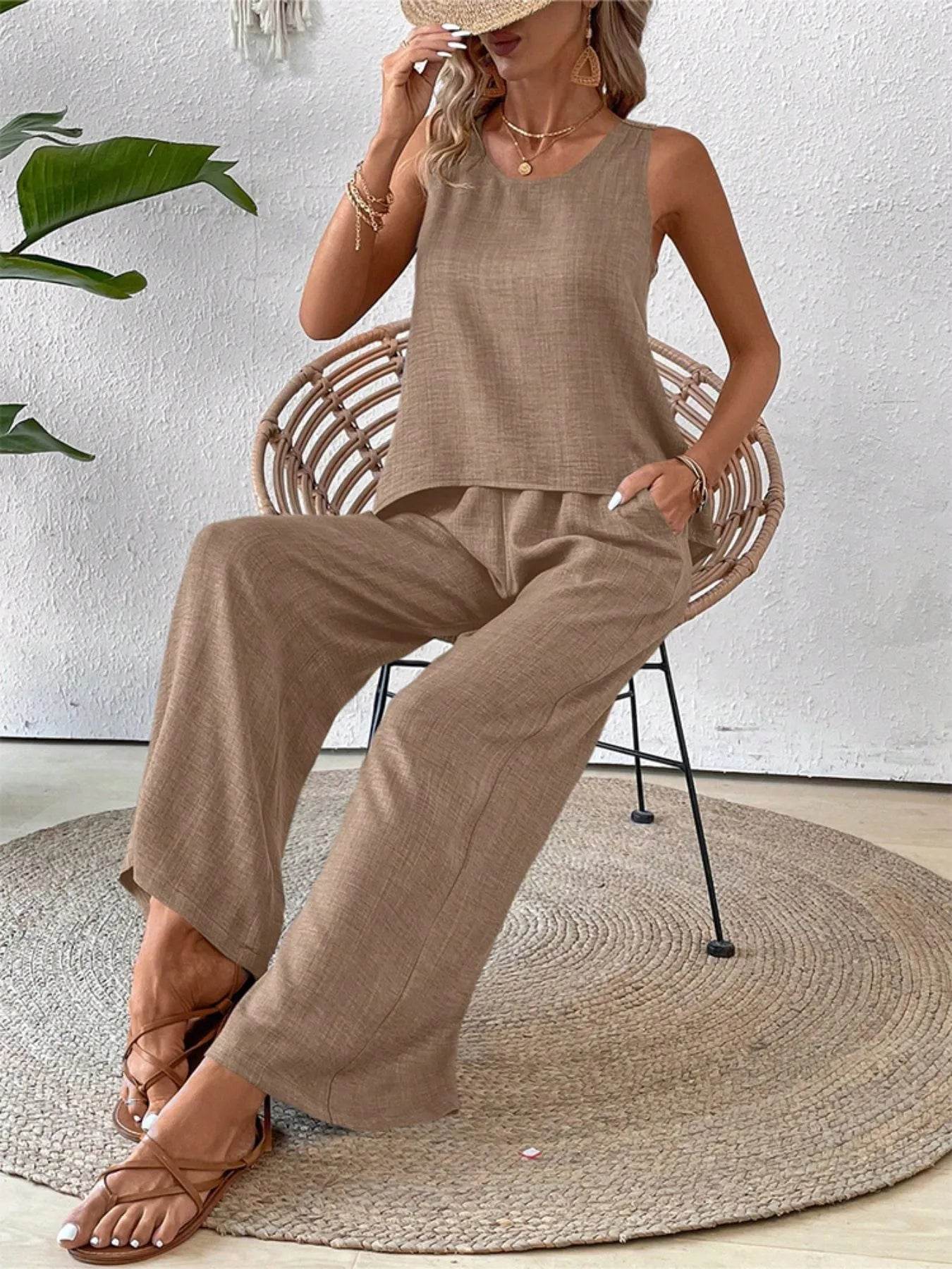 Round Neck Tank and Wide Leg Pants Set - EBYNN