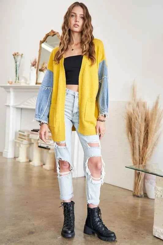 ADORA Plus Size Frayed Denim Sleeve Sweater Cardigan.