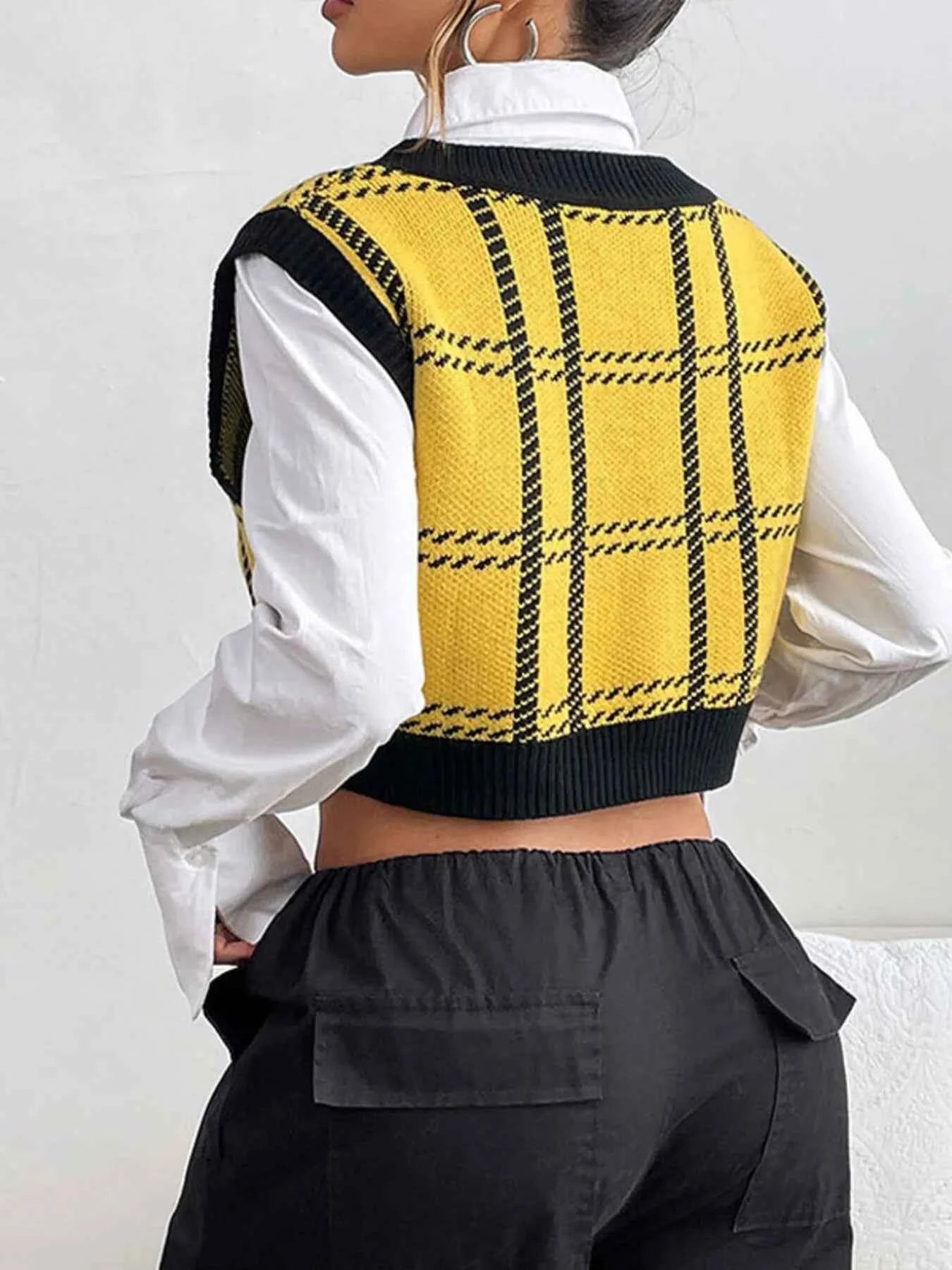 Plaid V-Neck Cropped Sweater Vest.