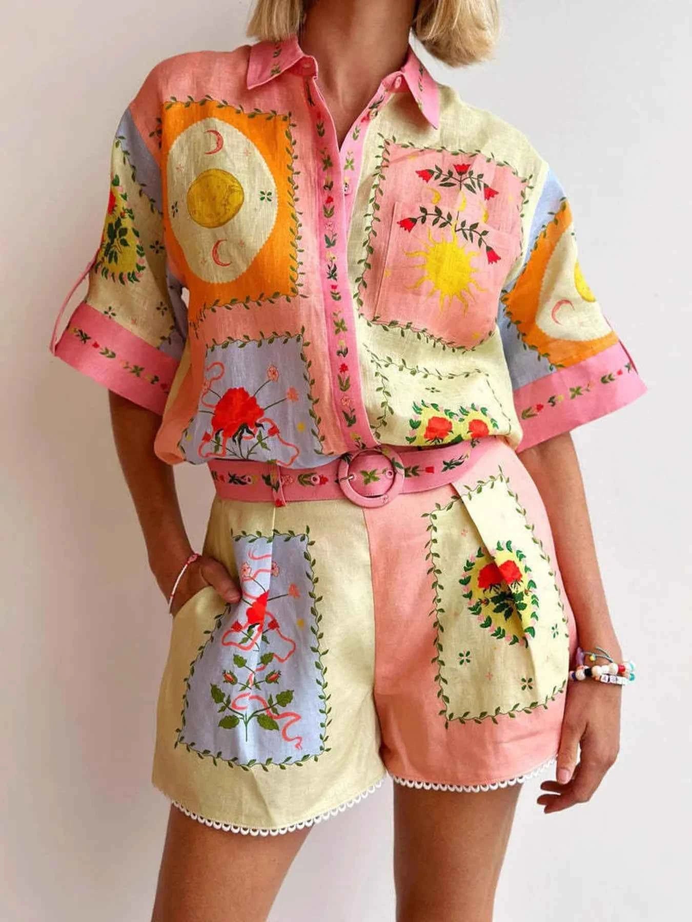 Printed Short Sleeve Shirt and Shorts Set.