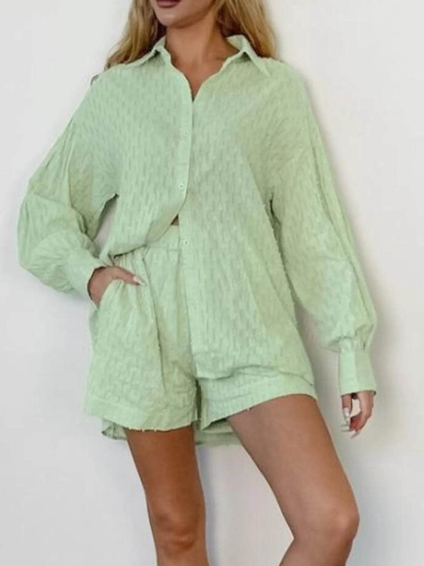 Textured Button-Up Shirt and Shorts Set - EBYNN