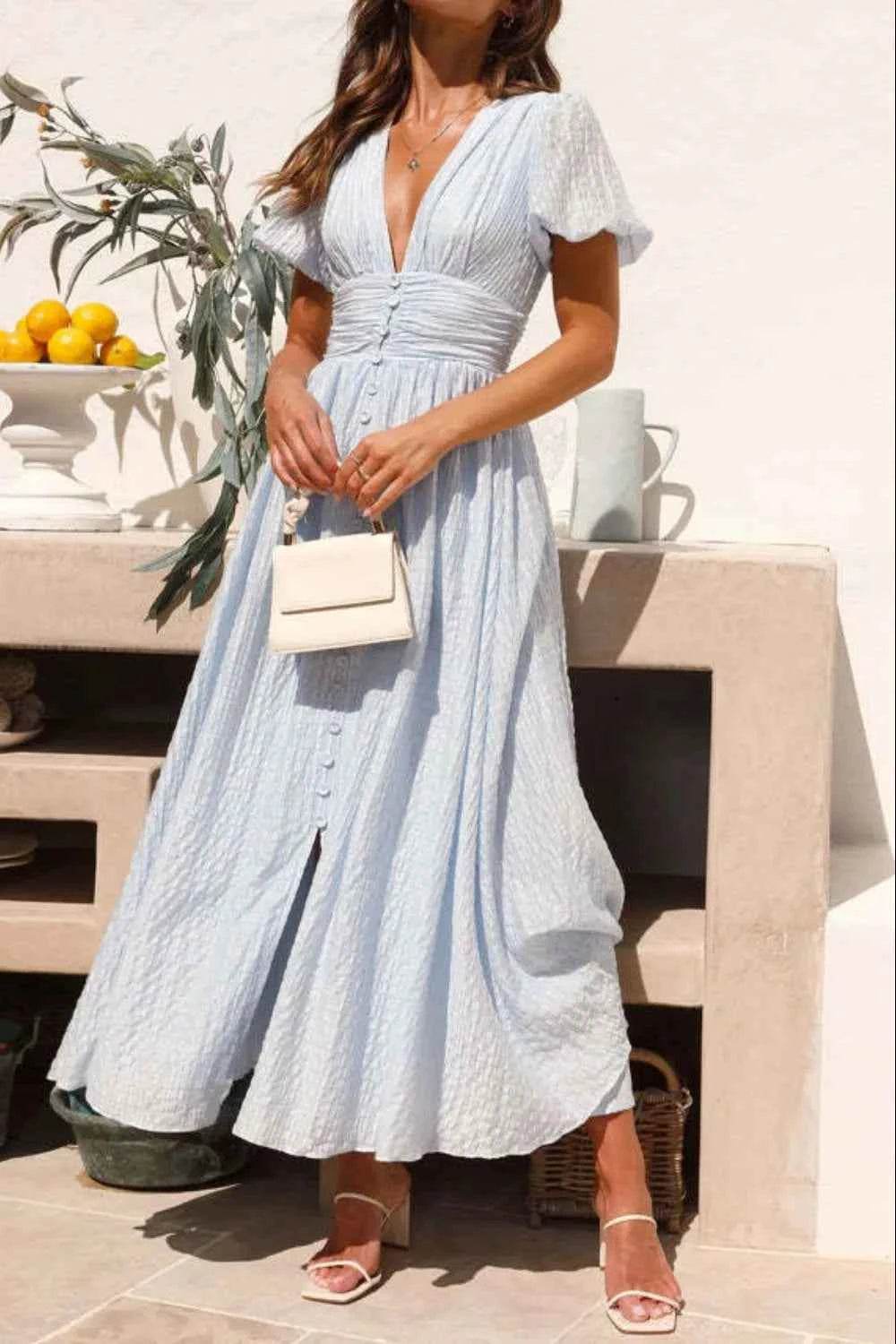 V-Neck Puff Short Sleeve Midi Dress.