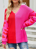 Color Block Leopard Print V-Neck Sweater.