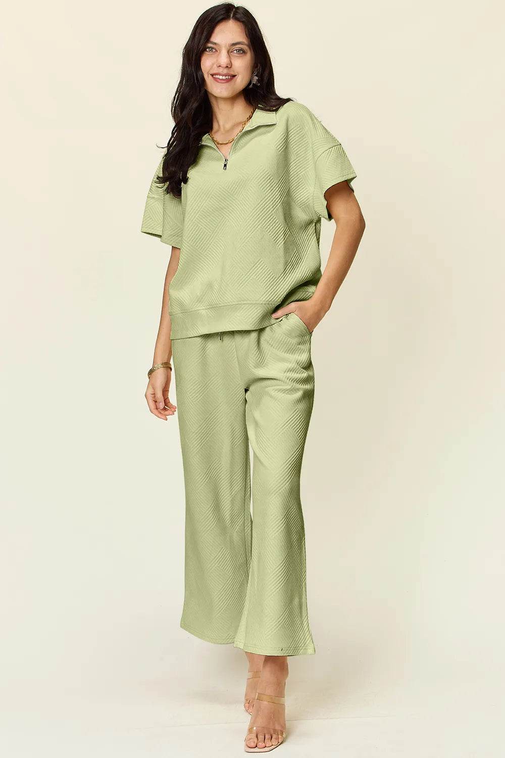 Double Take Texture Half Zip Set with Full Size Top and Pants - EBYNN