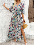 Slit Printed Surplice Maxi Dress with Half Sleeves.