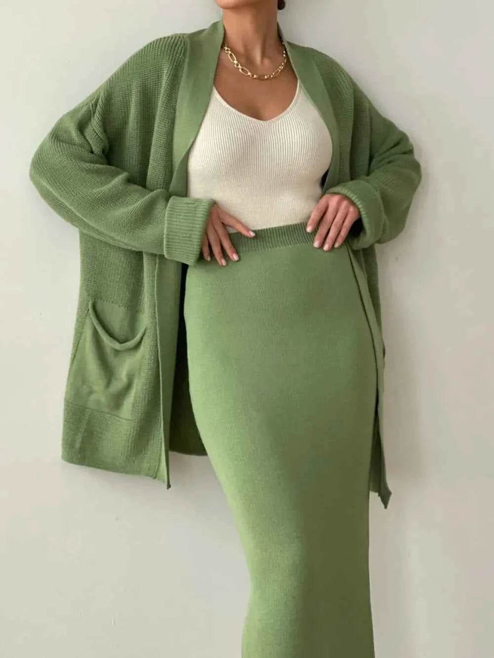 Pocketed Long Sleeve Cardigan and Skirt Sweater Set.