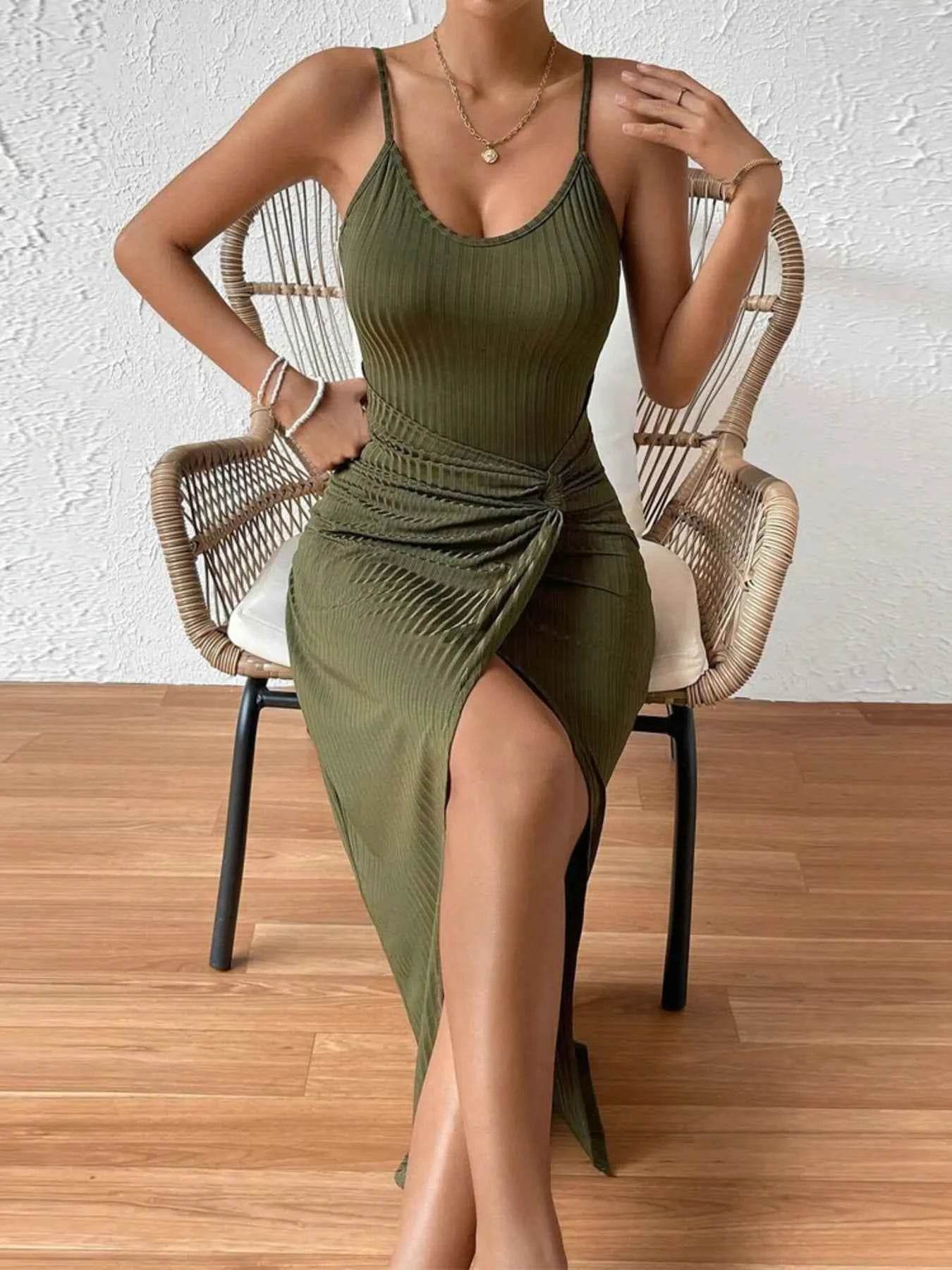 Ribbed Wrap Midi Dress with Side Slit.