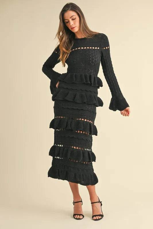 MABLE Long Sleeve Tiered Ruffle Knit Midi Dress.