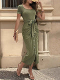 Round Neck Tie-Waist Bodycon Dress.