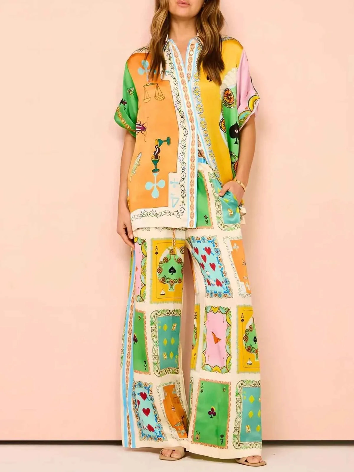 Printed Button Down Shirt and Pants Set.