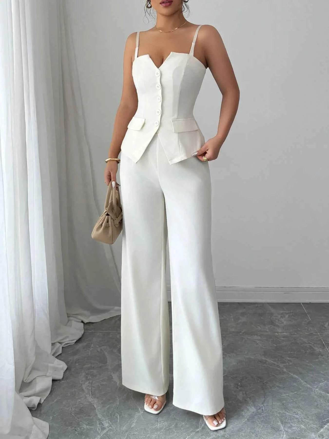 Button Front Cami Set and Pants for Stylish Comfort - EBYNN