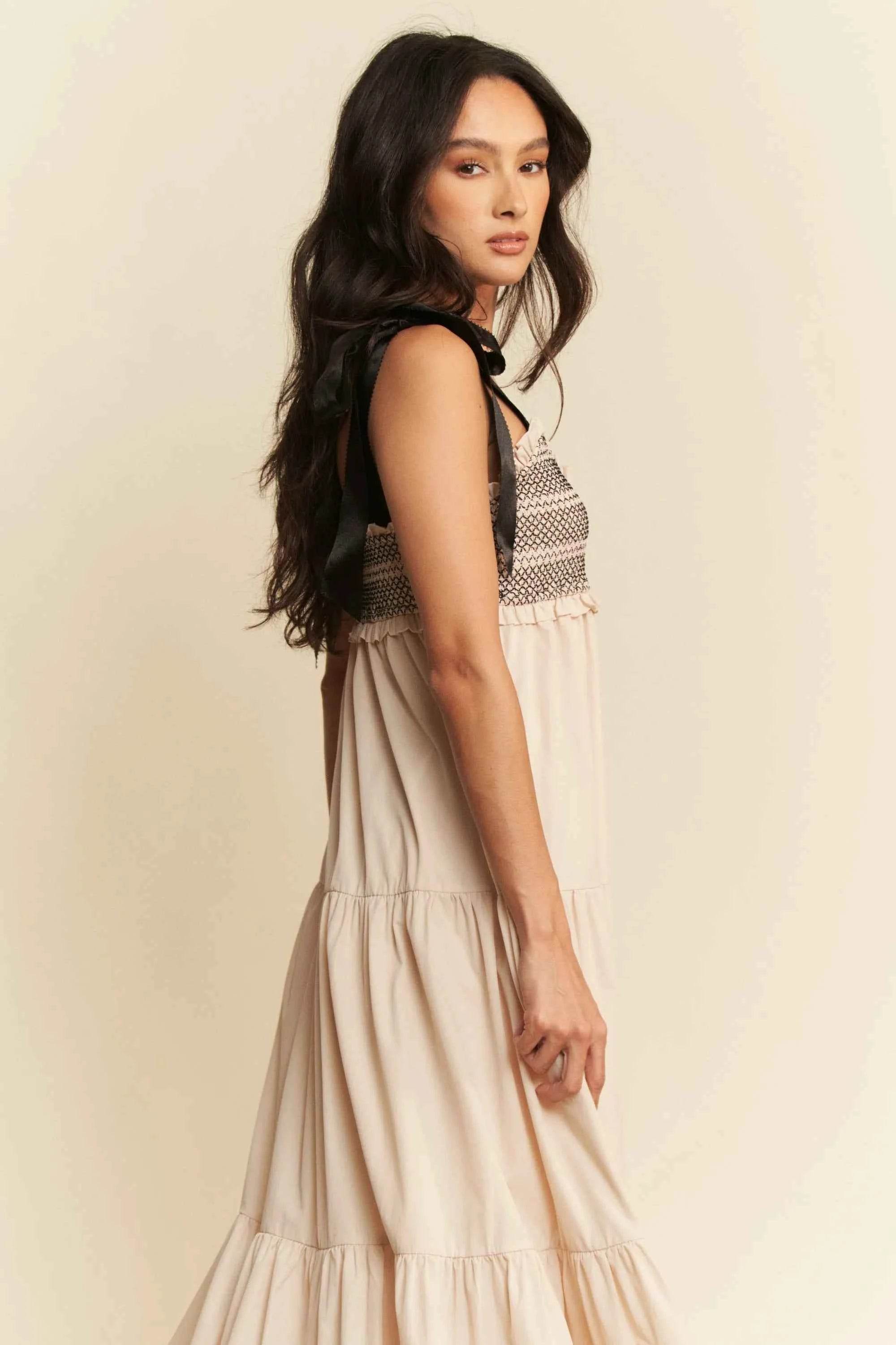 Davi & Dani Multi Contrast Smocked Bodice Maxi Dress.