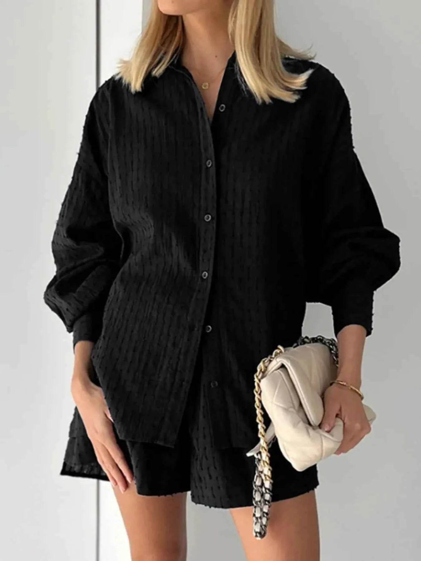 Textured Button-Up Shirt and Shorts Set - EBYNN