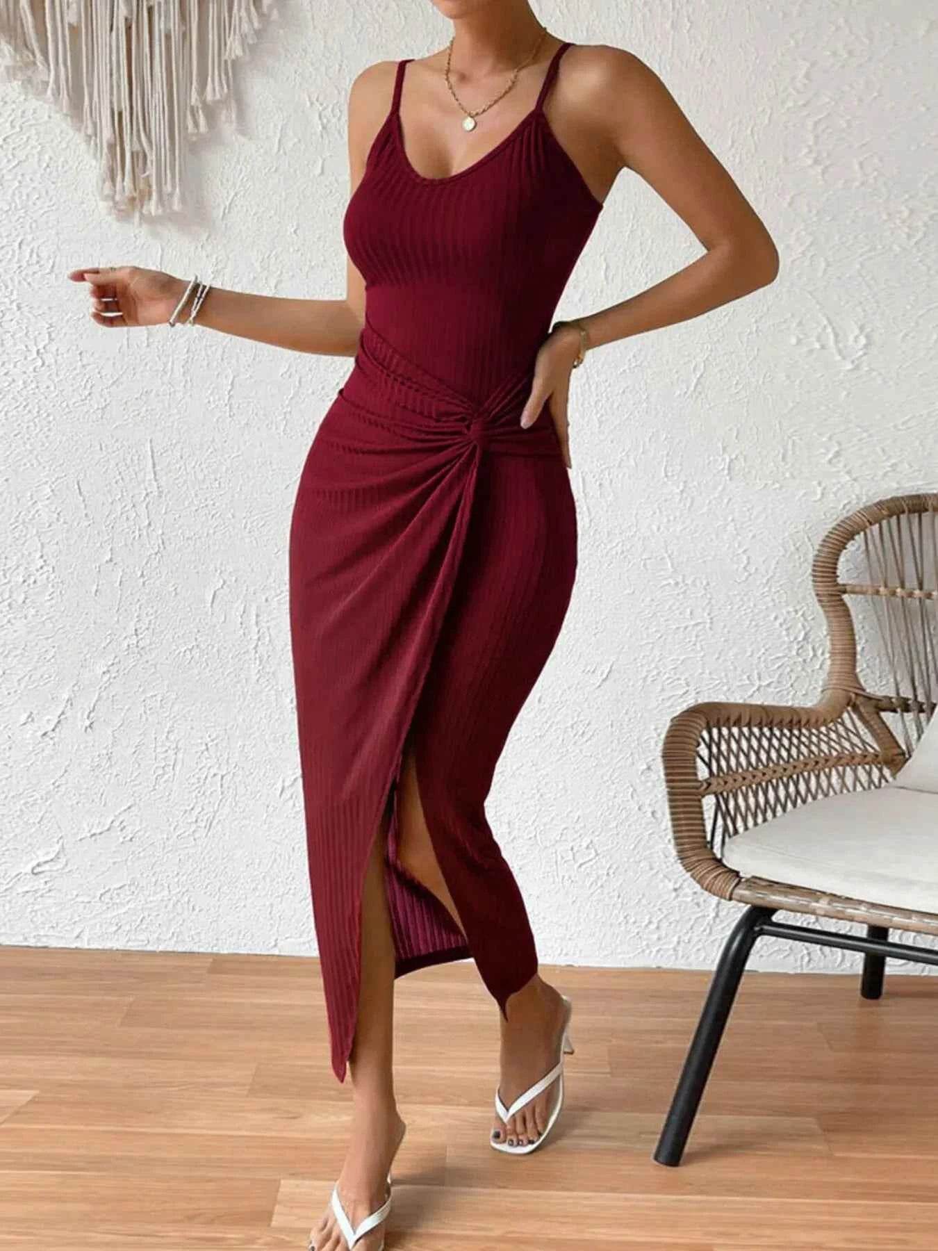 Ribbed Wrap Midi Dress with Side Slit.