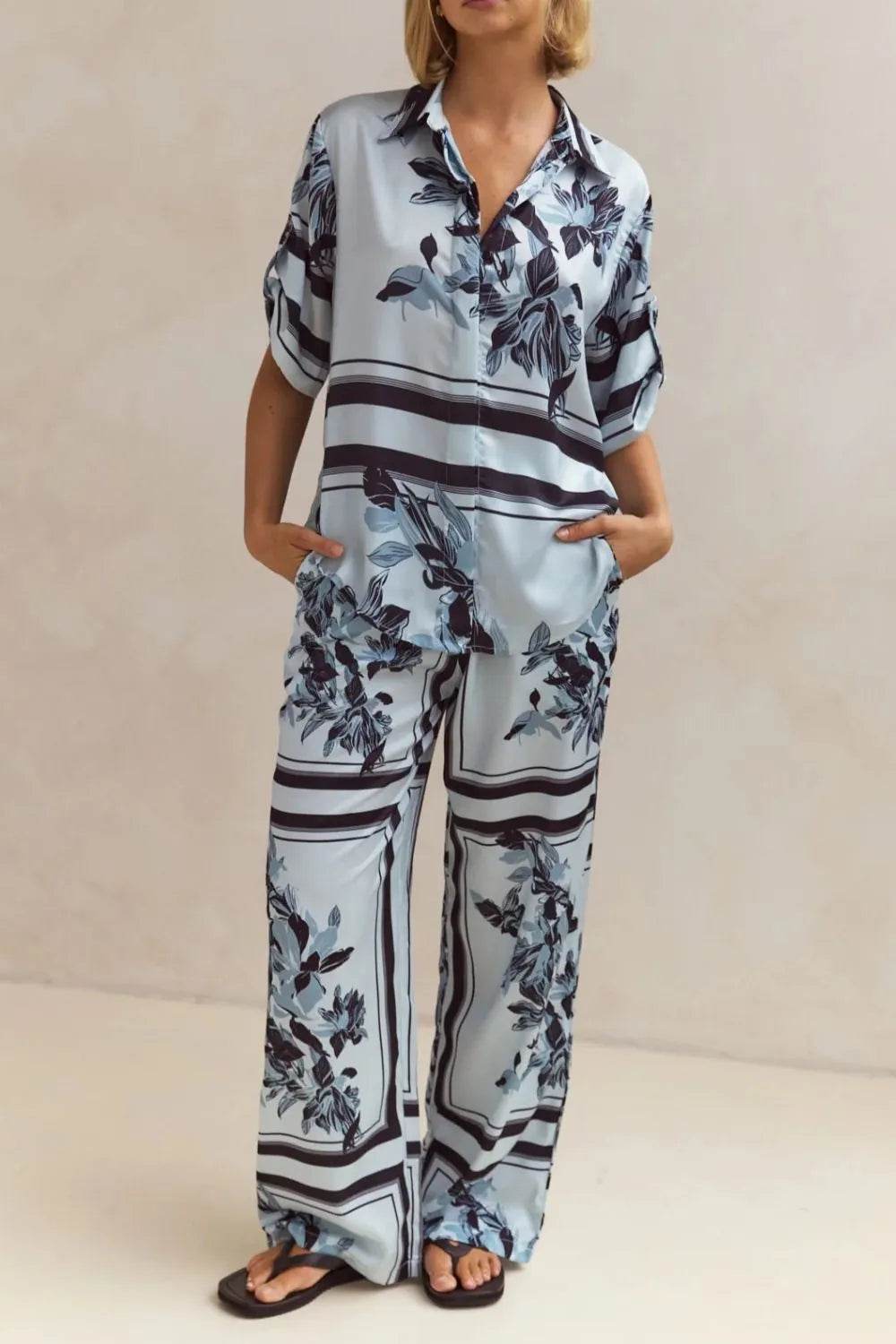 Printed Button Up Shirt and Pants Set - EBYNN