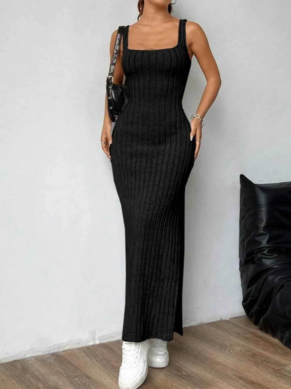 Cutout Square Neck Wide Strap Knit Dress.