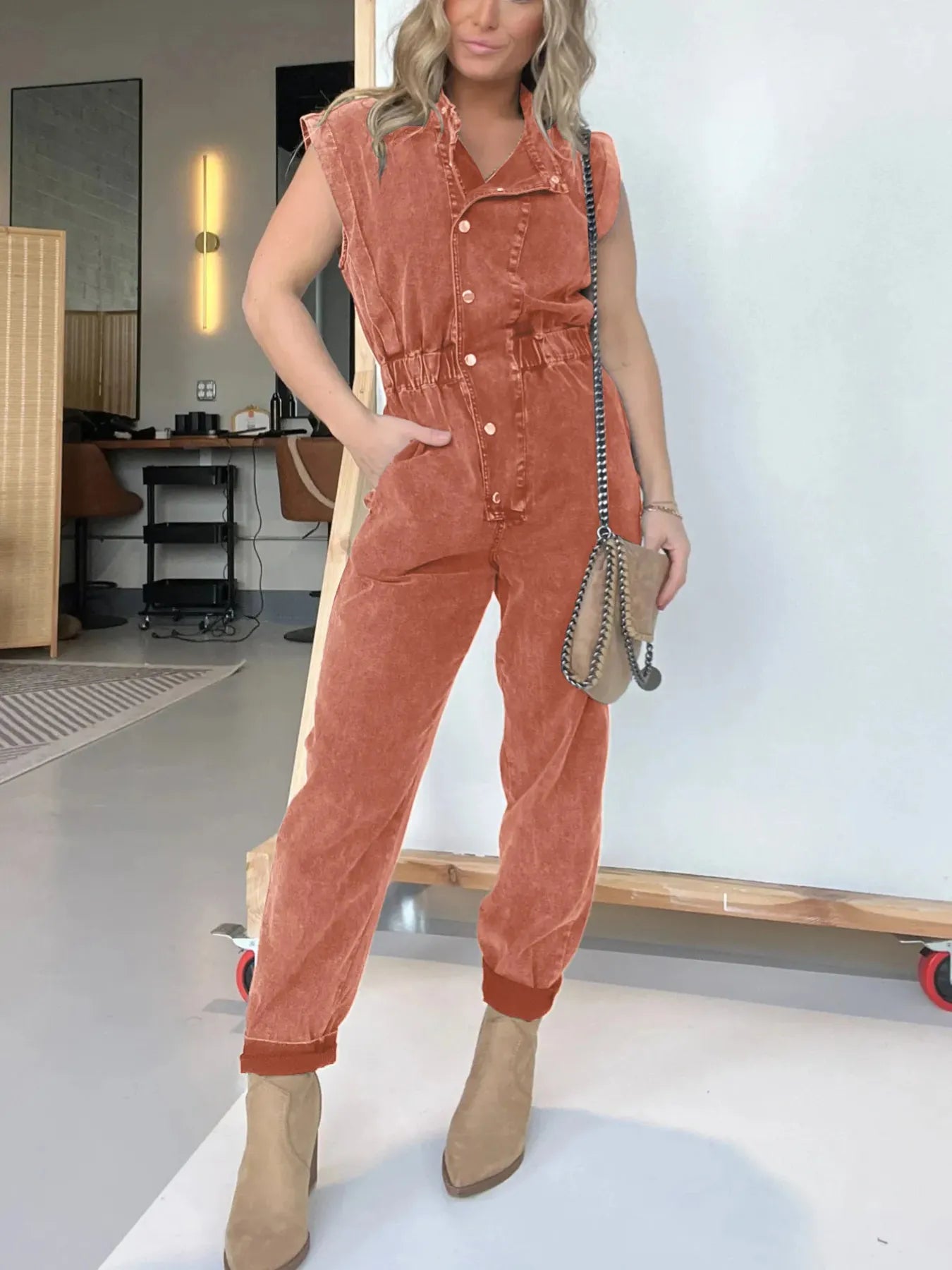 Plus Size Button Front Cap Sleeve Denim Jumpsuit.