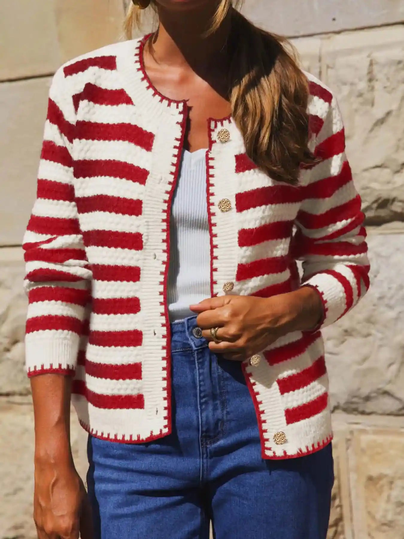Button Down Striped Long Sleeve Cardigan.