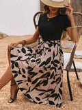 Printed Round Neck Short Sleeve Midi Dress.