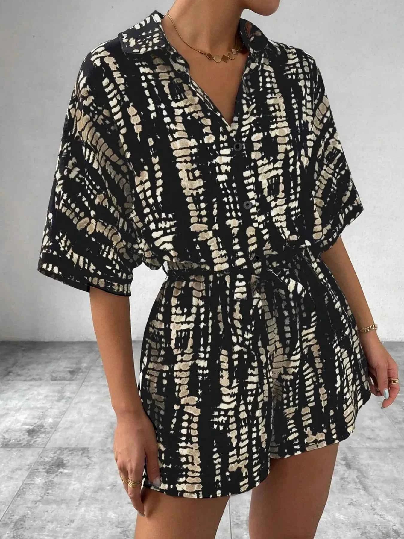 Tie Dye Print Collar Neck Short Sleeve Romper.