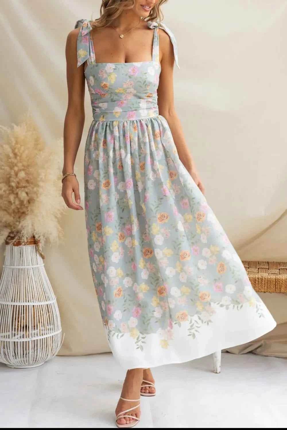 Printed Tie Shoulder Midi Cami Dress.