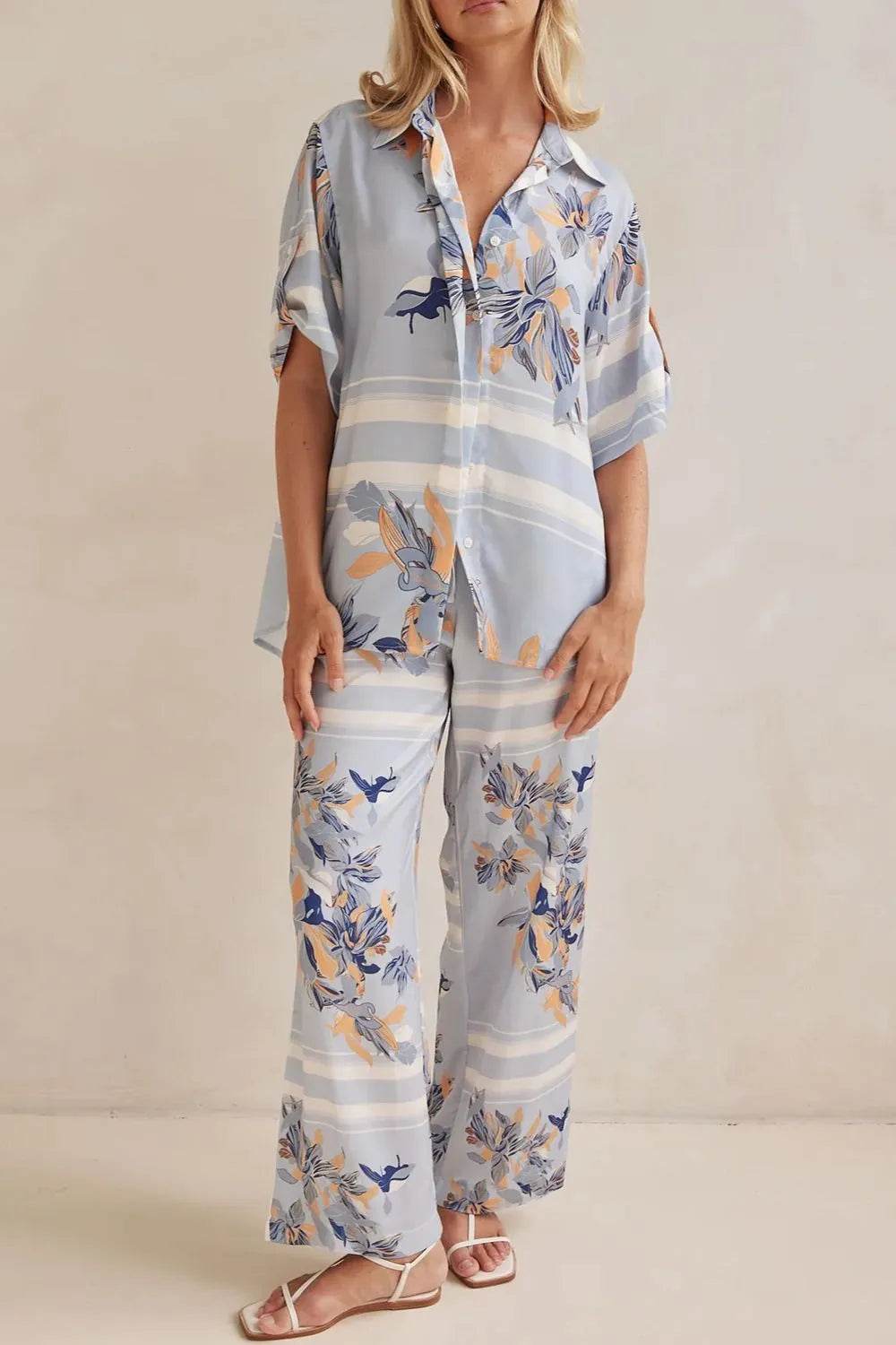 Printed Button Up Shirt and Pants Set - EBYNN
