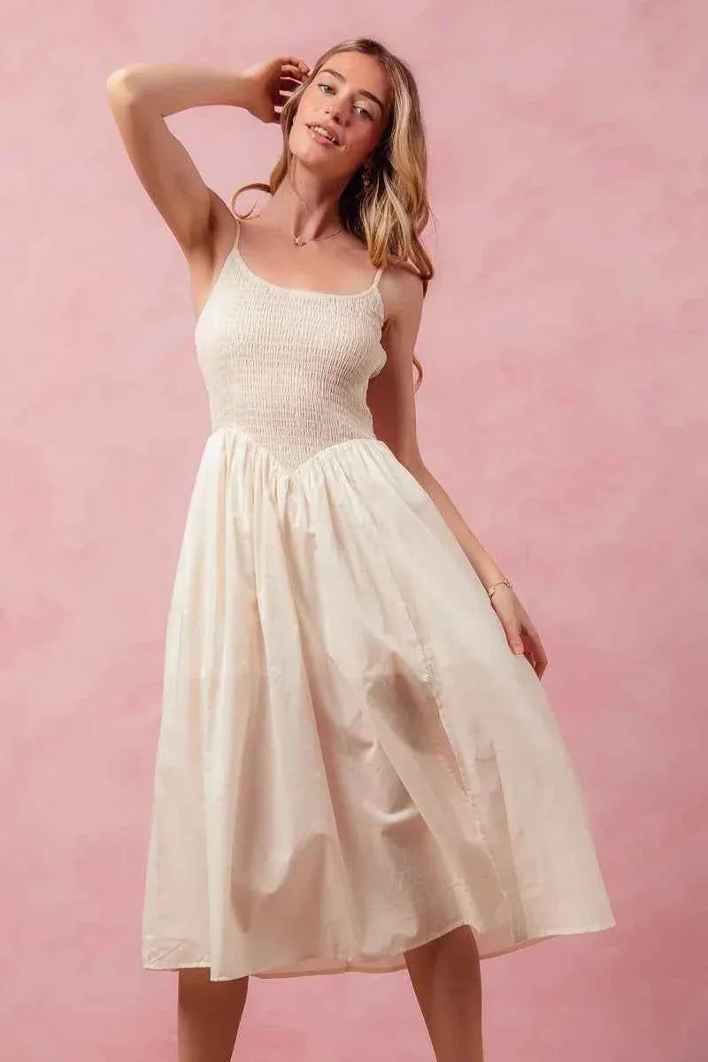 SO ME Smocked Sleeveless Midi Dress with Slit.