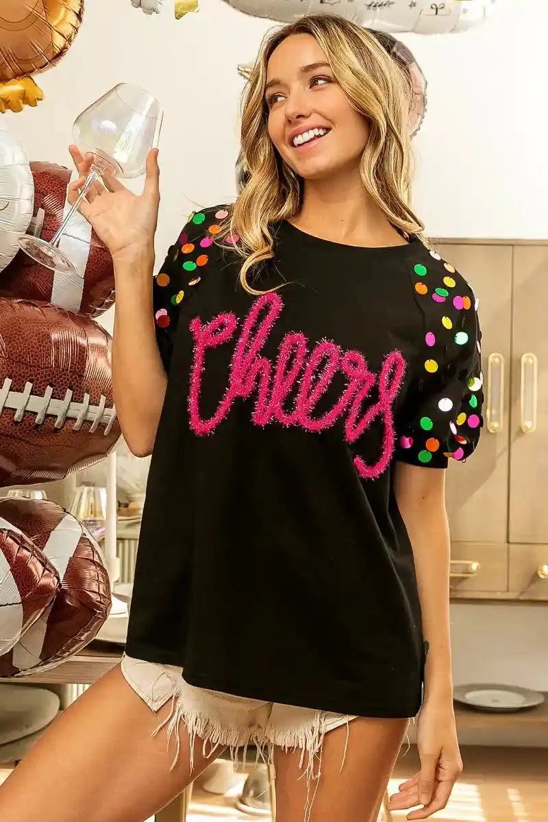 BiBi Metallic Letter Spangle Raglan Puff Sleeve Top.