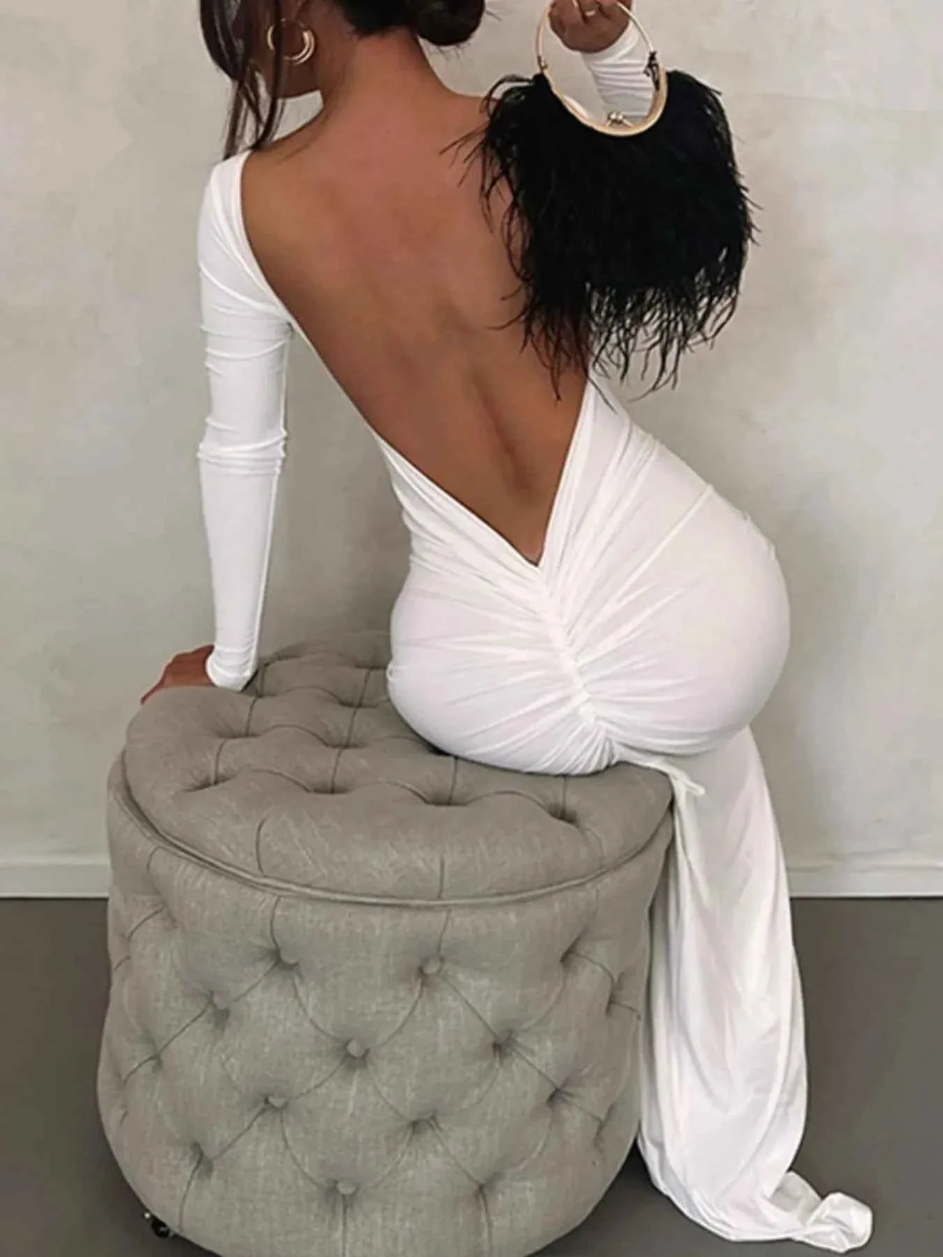 Backless Ruched Long Sleeve Maxi Dress.